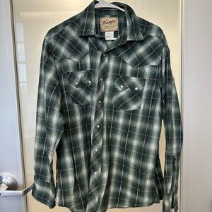 Wrangler Wrancher Plaid Pearl Snap Button Shirt Mens L Rodeo Western Green Plaid